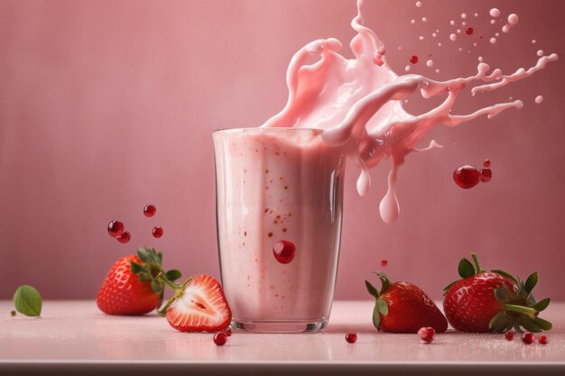 Strawberry Milkshake with Juicy Strawberries on a Playful Pink Background