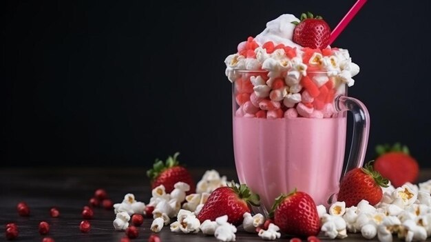 Strawberry milkshake with marshmallows and raffaello and popcorn topping in transparent glass