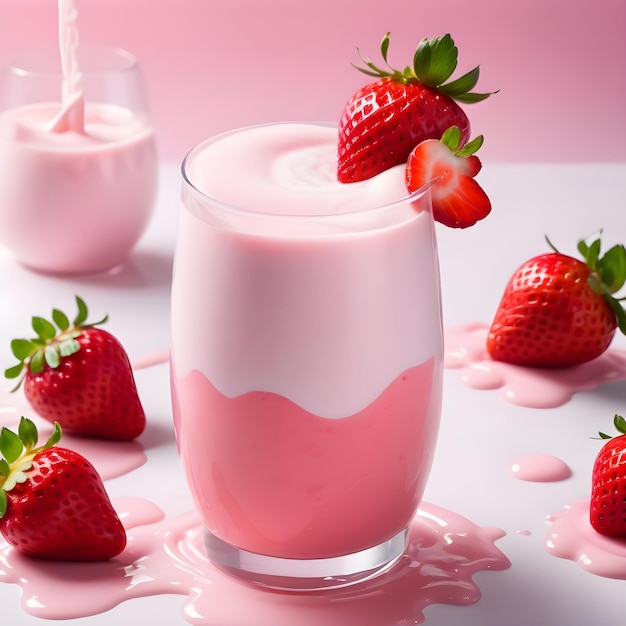 Strawberry milkshake with milk splash isolated on pink background