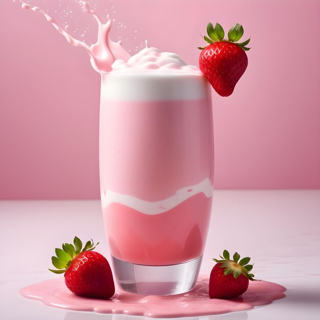 Клубничный молочный коктейль с брызгами молока на розовом фоне