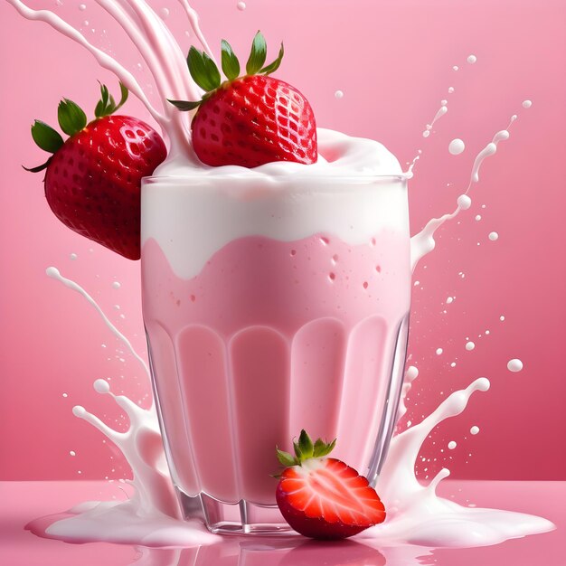 Strawberry milkshake with milk splash isolated on pink background