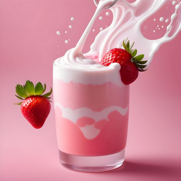 Strawberry milkshake with milk splash isolated on pink background