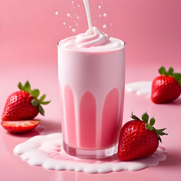 Strawberry milkshake with milk splash isolated on pink background