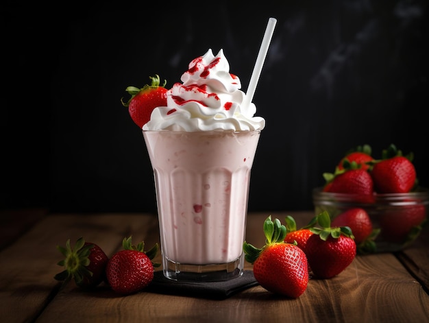 A strawberry milkshake with strawberries on a black background