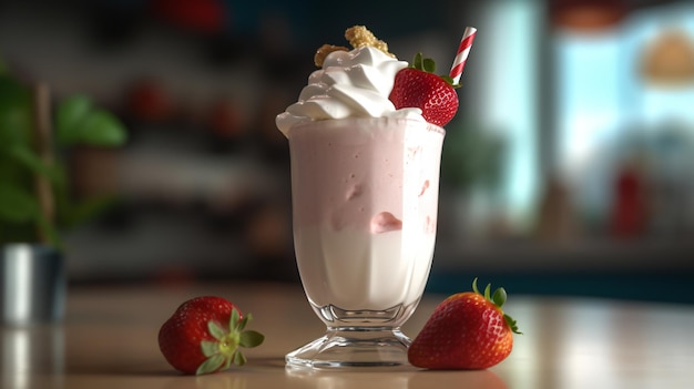 A strawberry milkshake with strawberries on the table
