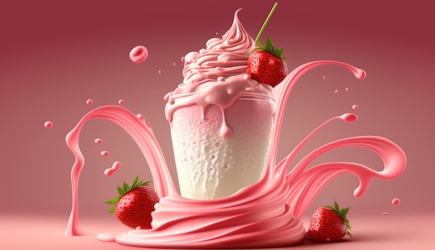 A strawberry milkshake with strawberries on top