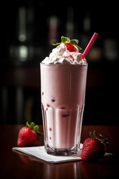 A strawberry milkshake with strawberries on top