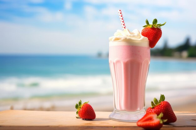 Strawberry milkshake with strawberry on blue sea and beach background