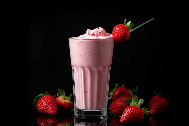 Strawberry milkshake with strawberry syrup in clear glass