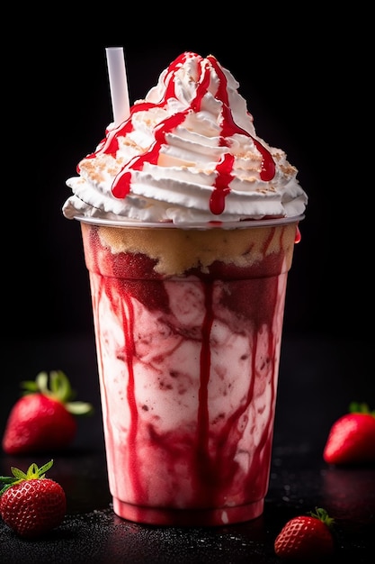 A strawberry milkshake with whipped cream and strawberries on a black background