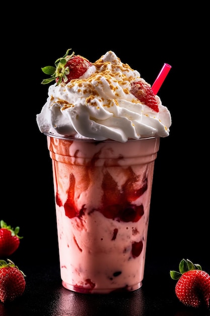 A strawberry milkshake with whipped cream and strawberries