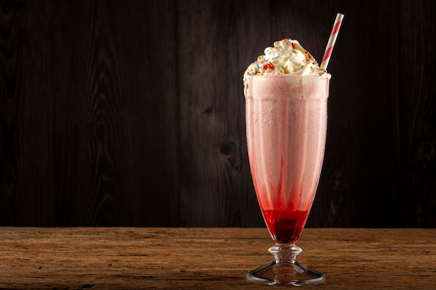 Photo strawberry milkshake with whipped cream.