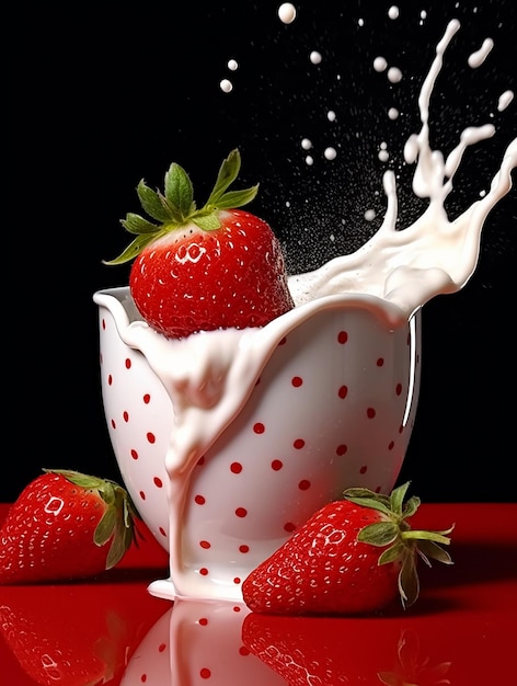 A strawberry in a milkshake with a white bowl with a red dot on it