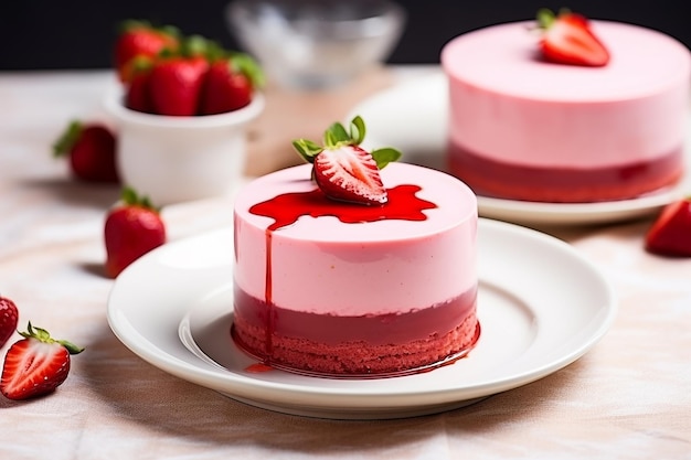 Strawberry Mousse Cake on a Ceramic Plate