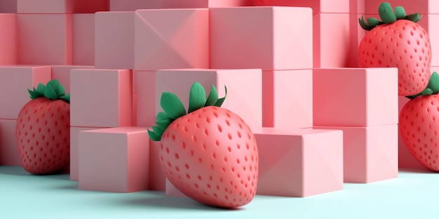 Strawberry pattern geometric shapes and clean lines using muted tones like pastel pink and green Generative AI