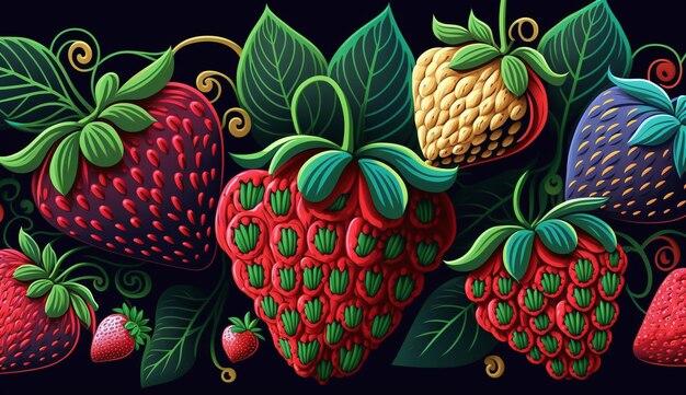 Strawberry pattern that incorporates handdrawn illustrations with bold vibrant colors Generative AI