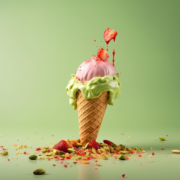 Strawberry and pistachio ice cream cone pastel green background