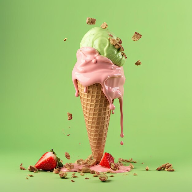 Strawberry and pistachio ice cream cone pastel green background