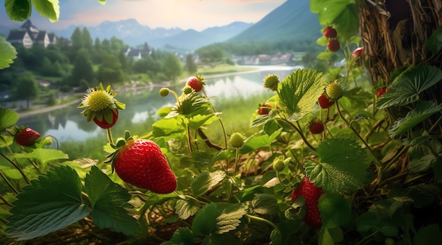 山を背景にしたイチゴの植物