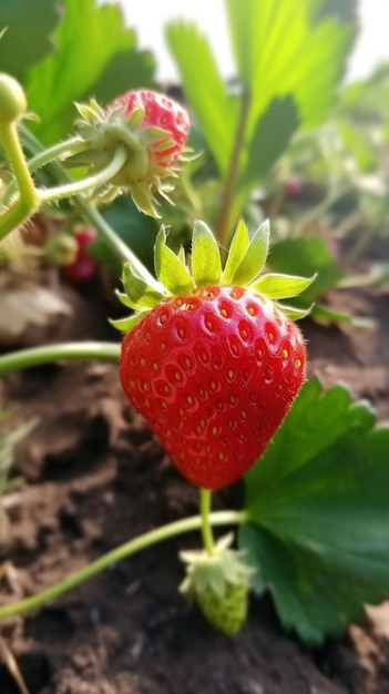 A strawberry on a plant with the word strawberry on it