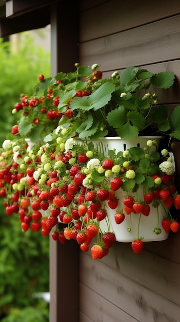A strawberry planter with a white bucket of red berries.