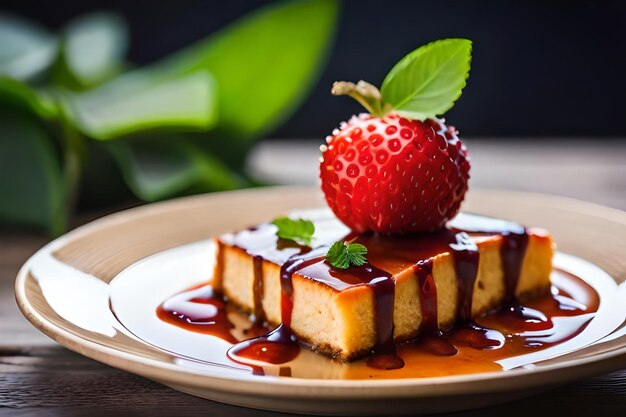 A strawberry on a plate with a piece of cake on it