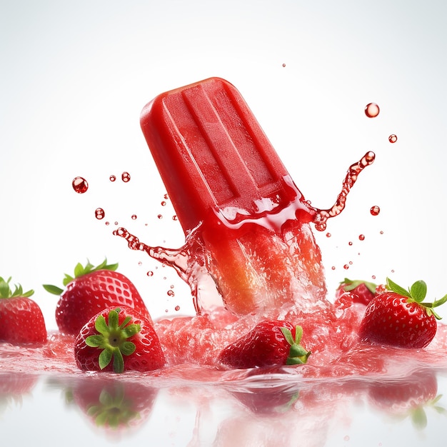 Strawberry Popsicle in Red Splash on White Background