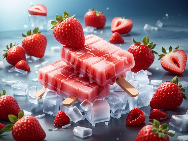 イチゴアイスキャンディーの夏のデザートAi画像（プロンプト付き）
