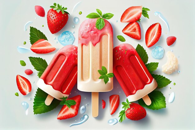 Strawberry popsicles with fresh slices National ice cream day july 17 holiday concept Generative Ai