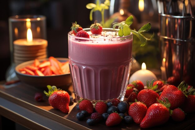 Strawberry protein smoothie in a kitchen countertop with fresh fruits next door generative ia