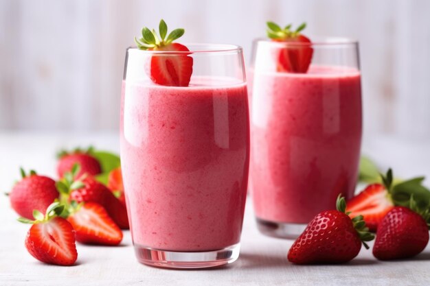 Strawberry protein smoothie with fresh berries on top