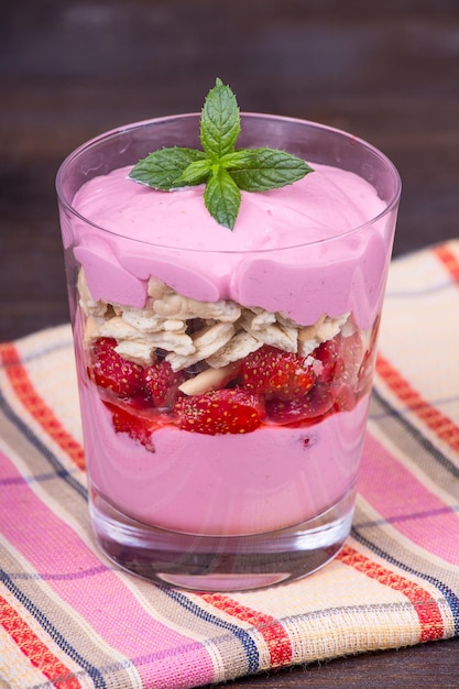 Strawberry and raspberry smoothie with cream cheese close up