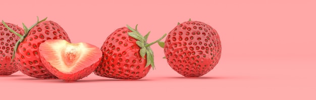 Fragola su sfondo rosso, illustrazione 3d