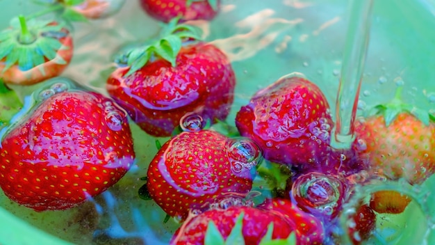 Strawberry ripe berries in water closeup selective focus