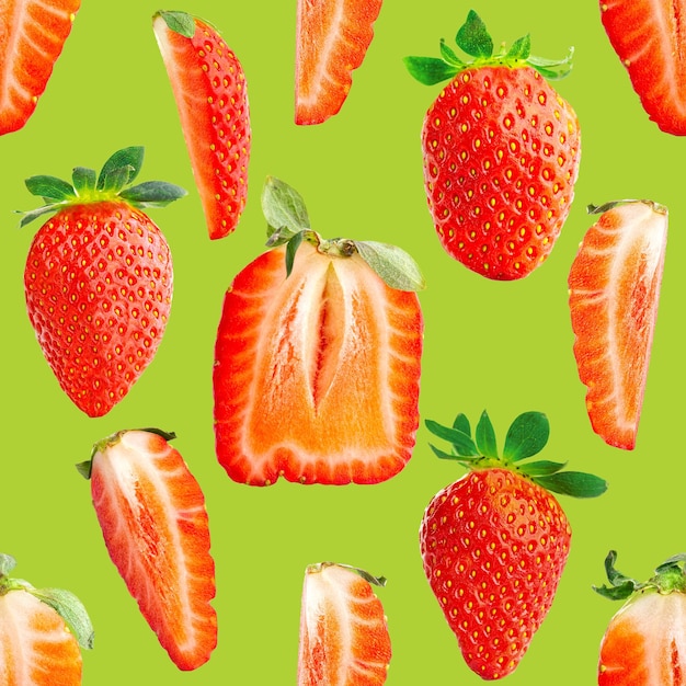 Strawberry seamless pattern ripe strawberries isolated on green package design background