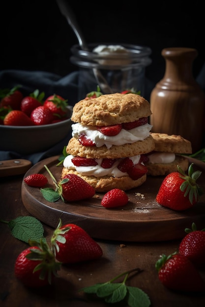 A strawberry shortcake sandwich with whipped cream and strawberries on a wooden board.