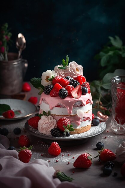 ピンクの花イチゴとブラックベリーと白いバニラクリームを添えたイチゴのショートケーキ