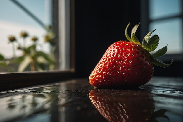 Photo a strawberry sits on a counter next to a window