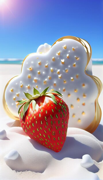 A strawberry sits on a towel next to a cookie with the word strawberry on it