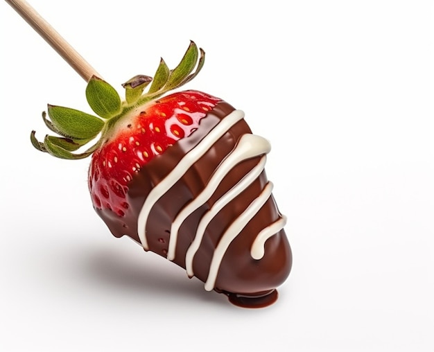A strawberry on a skewer with white frosting and chocolate drizzled over it
