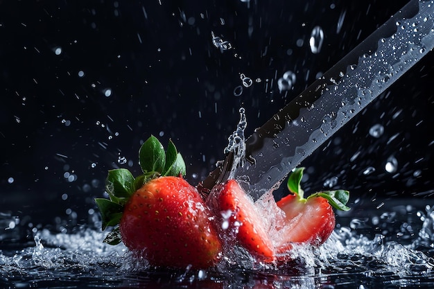 Фото strawberry slices with knife and water drops and splashes on black background