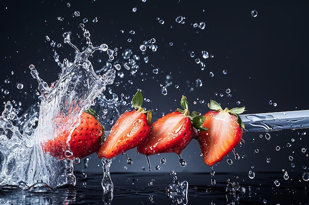 strawberry slices with knife and water drops and splashes on black background