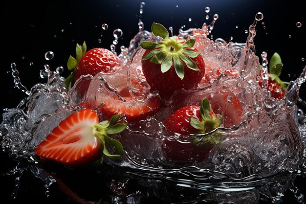 Photo strawberry slices with knife and water drops and splashes on black background