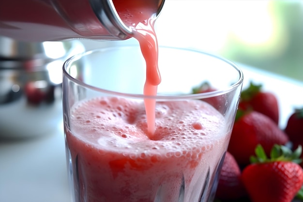 A strawberry smoothie being poured into a glass