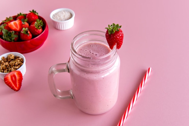 Strawberry smoothie cup healthy shake of strawberry with milk