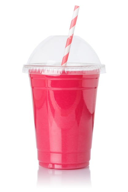 Strawberry smoothie fruit juice straw drink strawberries in a cup isolated on white