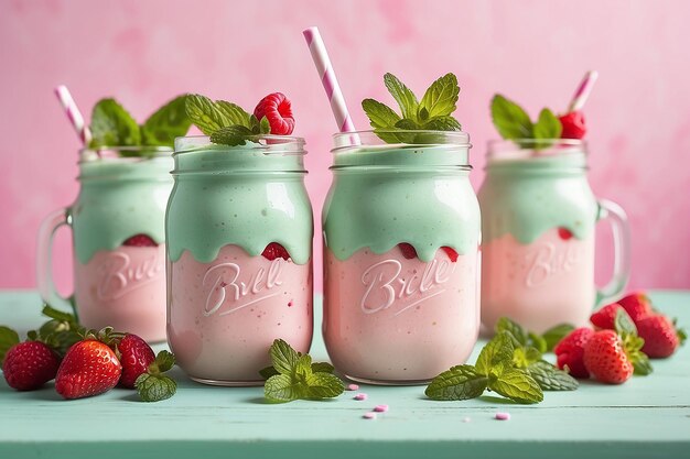 Photo strawberry smoothie or milkshake in mason jar decorated mint on pink table