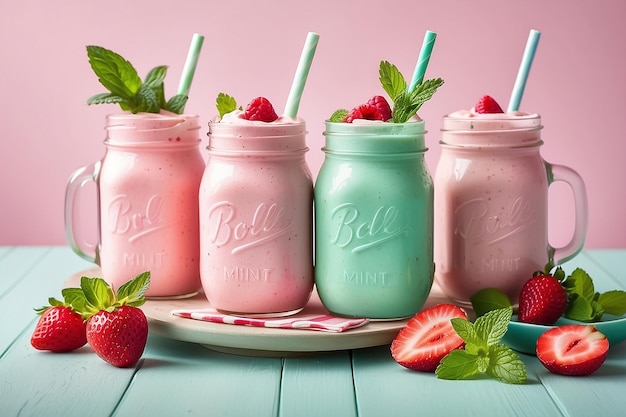 Photo strawberry smoothie or milkshake in mason jar decorated mint on pink table