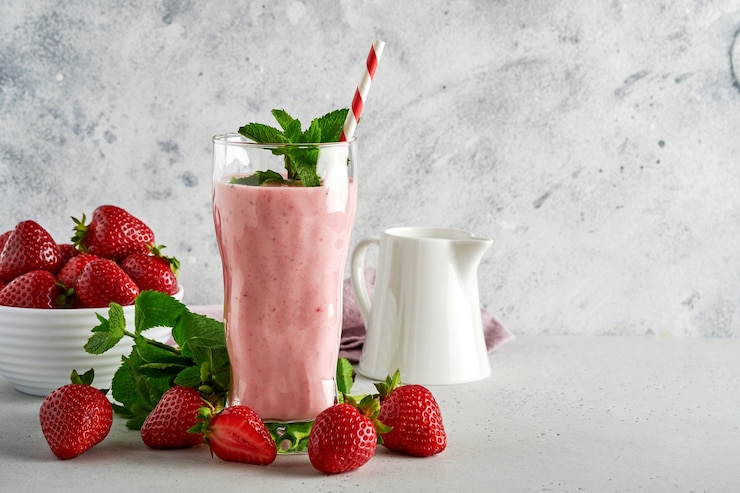 Photo strawberry smoothie or milkshake with berries and mint in tall glass on light grey background. summer drink shake, milkshake and refreshment organic concept. place for text.