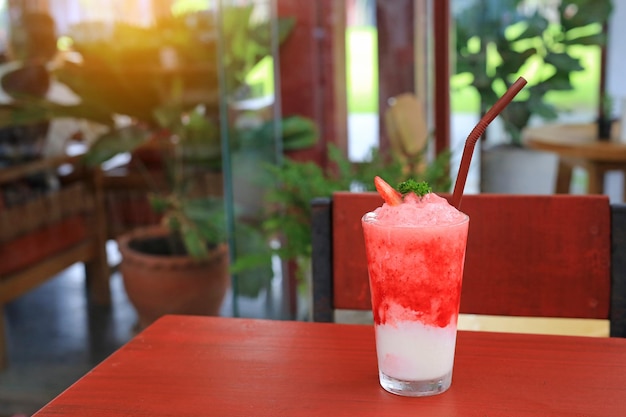 Strawberry smoothie on the table at cafe